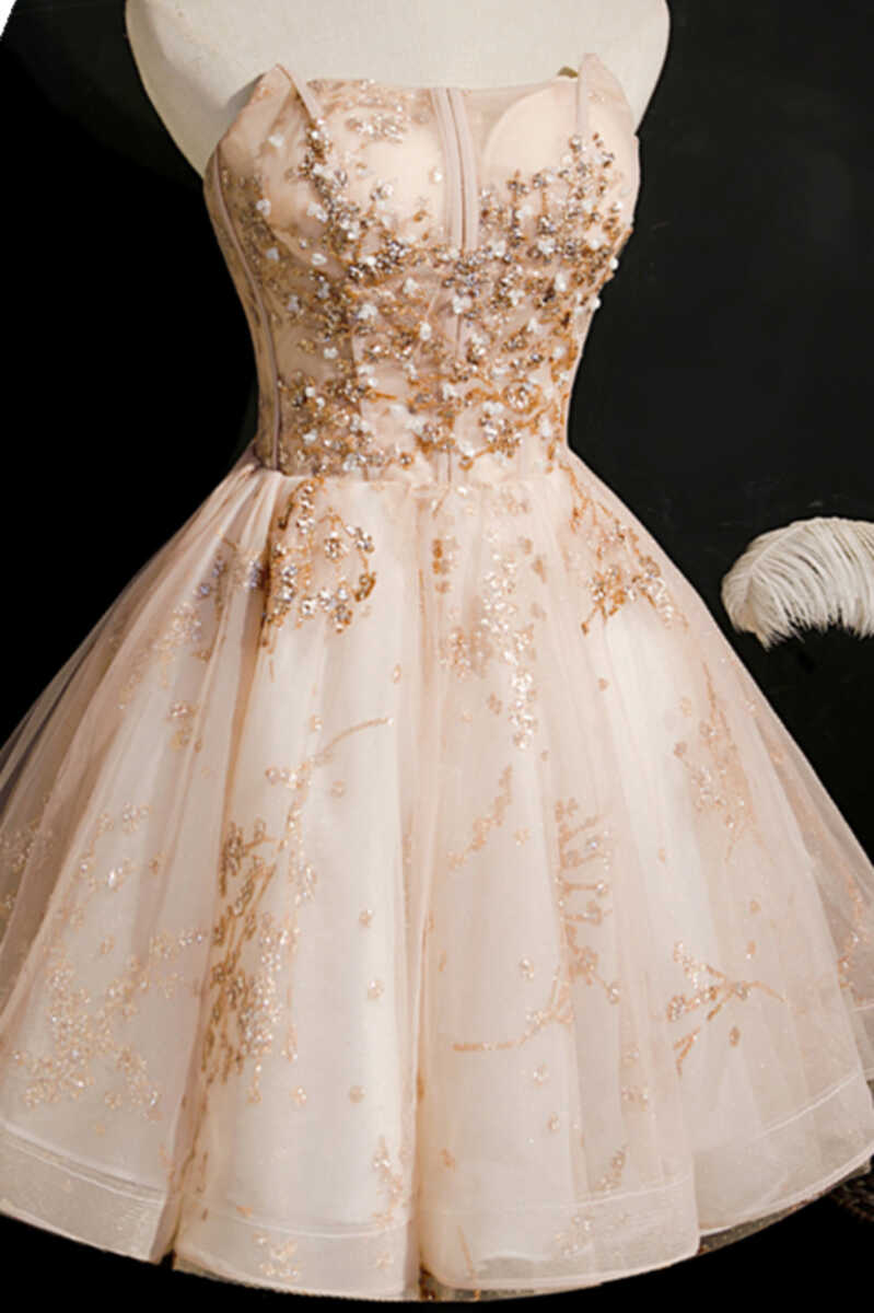 Champagne Beaded Strapless A-Line Short Homecoming Dress