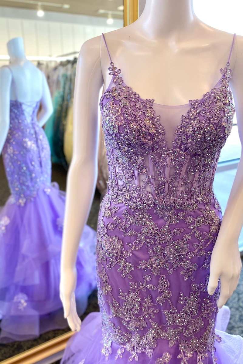 Purple Floral Applique Lace-Up Back Trumpet Long Prom Dress