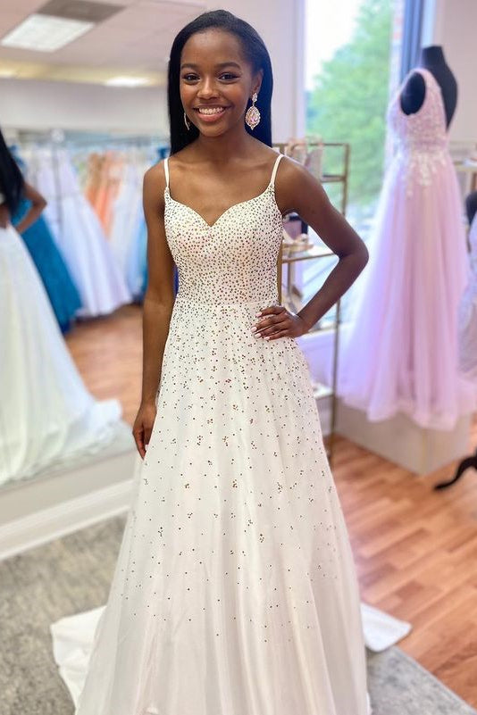 White Beaded Queen Anne Cutout Back A-Line Prom Gown