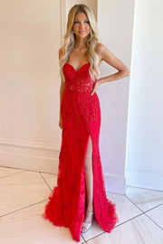 Red Floral Lace Strapless Mermaid Prom Dress with Slit