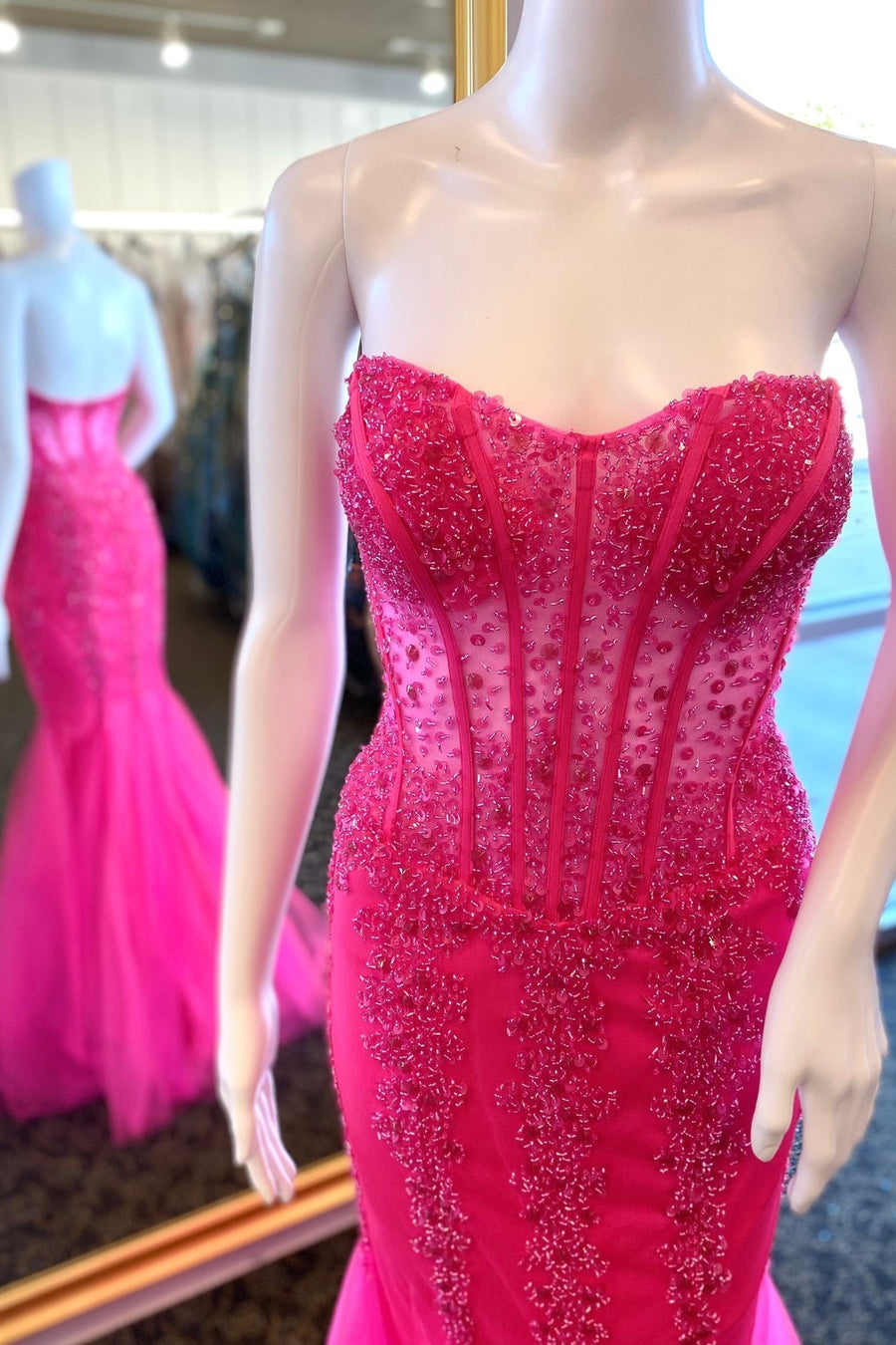 Wine Red Tulle Beaded Strapless Mermaid Long Formal Dress