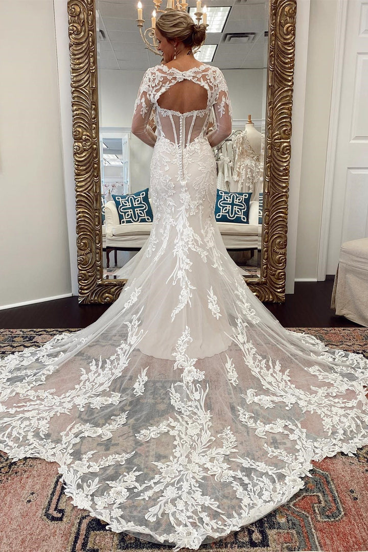 White Lace Cutout Long Sleeves Trumpet Bridal Gown