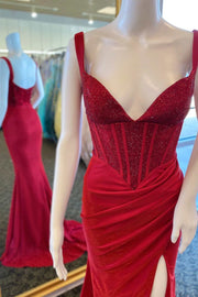 Red Beaded V-Neck Backless Mermaid Long Prom Dress