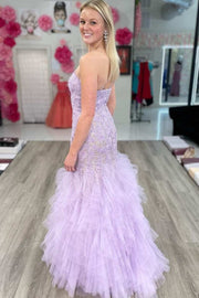 Lavender Lace One-Shoulder Tiered Trumpet Long Prom Gown