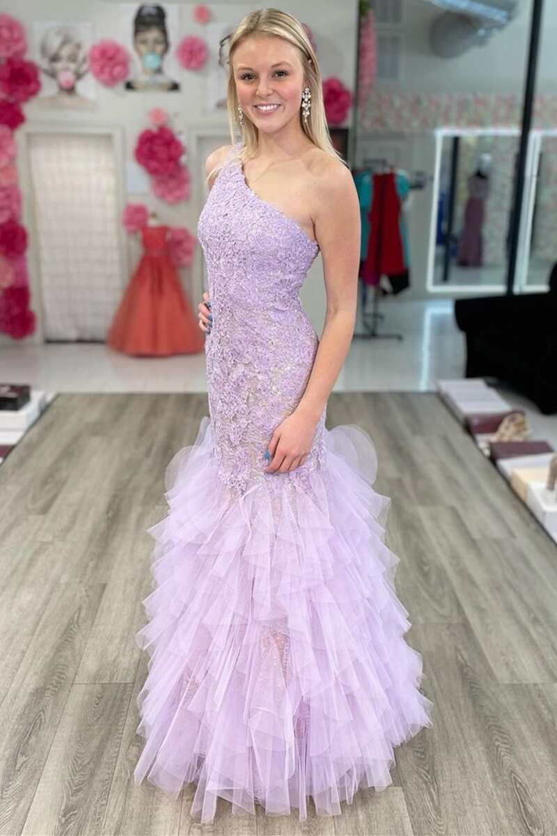 strapless open back dress Lavender Lace One-Shoulder Tiered Trumpet Long Prom Gown – Modsele