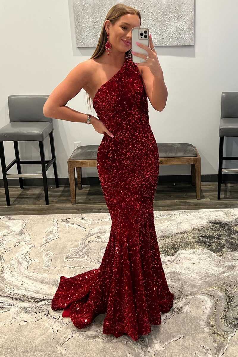 One-Shoulder Red Sequin Trumpet Long Prom Dress