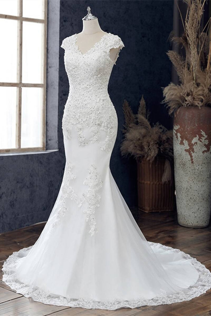 White Appliqués V-Neck Cap Sleeve Trumpet Wedding Dress