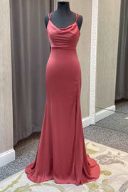 Rust Red Satin Cowl Neck Lace-Up Mermaid Prom Dress