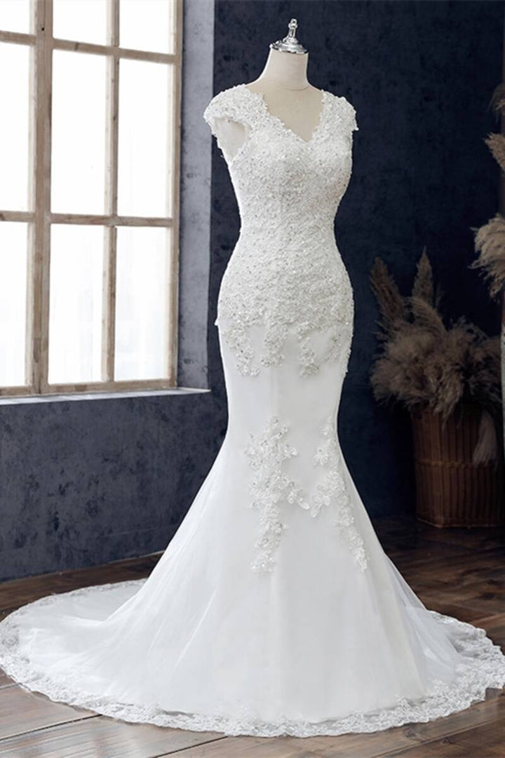 White Appliqués V-Neck Cap Sleeve Trumpet Wedding Dress