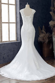 White Appliqués V-Neck Cap Sleeve Trumpet Wedding Dress