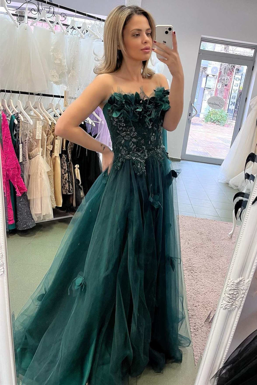 Strapless Hunter Green 3D Floral Lace A-Line Prom Dress with Slit