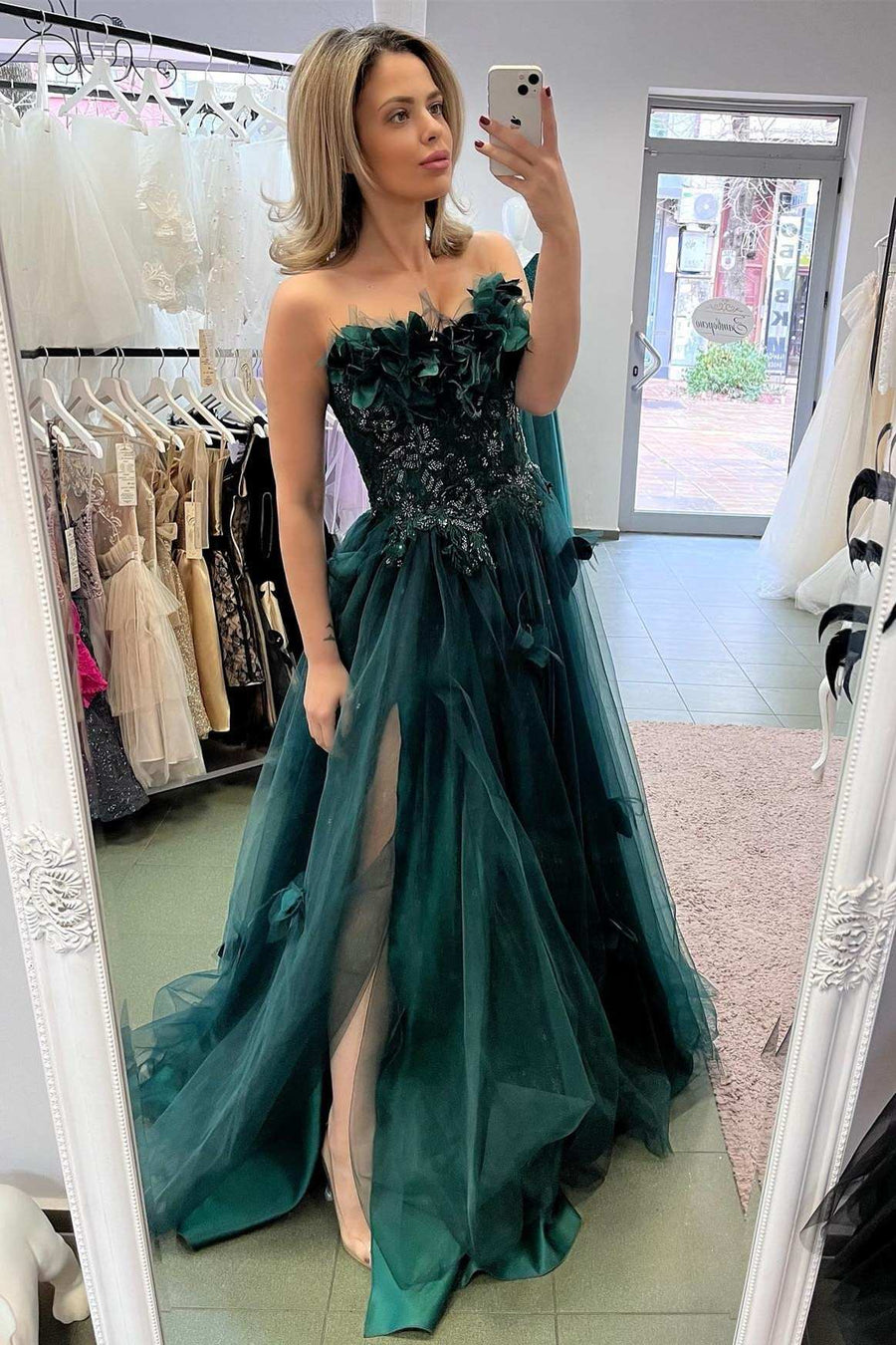 Strapless Hunter Green 3D Floral Lace A-Line Prom Dress with Slit Modsele Strapless Hunter Green 3D Floral Lace A-Line Prom Dress with Slit Modsele