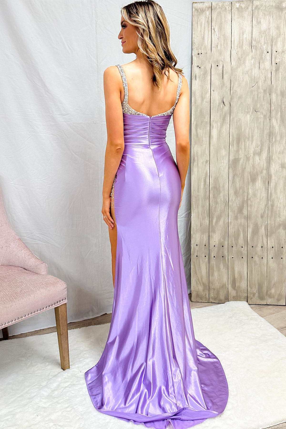 Lilac Rhinestones Sweetheart Ruching Long Prom Dress with Slit