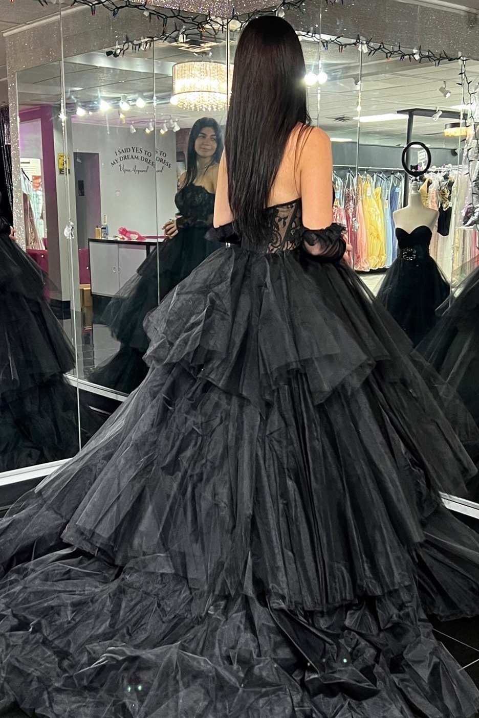 Black Lace Strapless Multi-Tiered Long Prom Dress