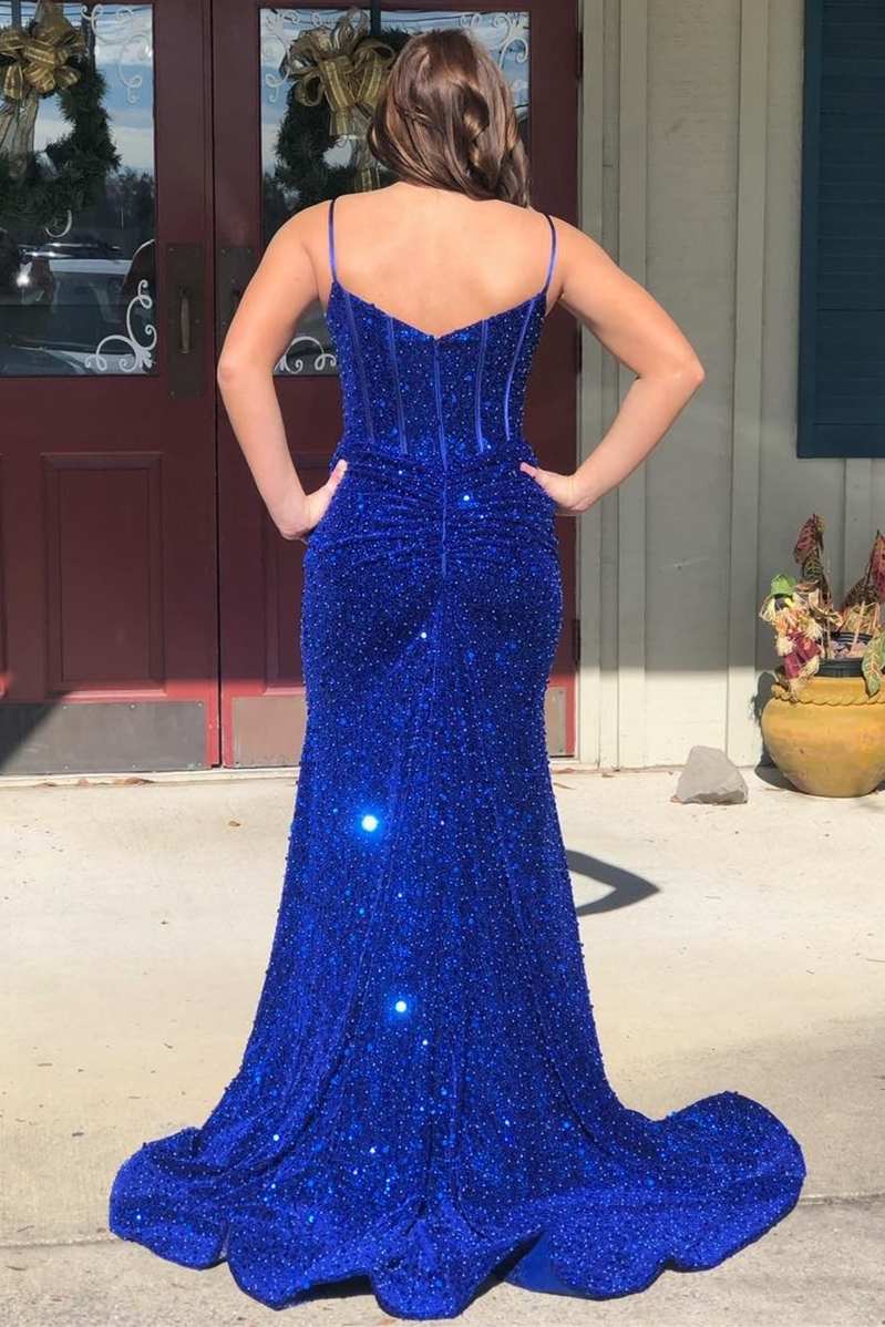 Blue Sequin Split Neck Mermaid Long Prom Dress