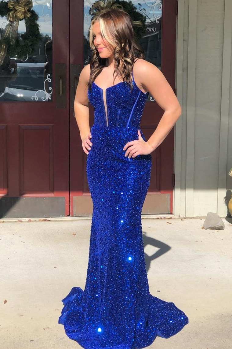 Blue Sequin Split Neck Mermaid Long Prom Dress Modsele Blue Sequin Split Neck Mermaid Long Prom Dress Modsele