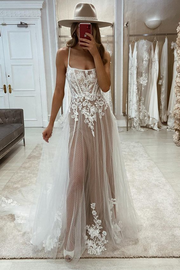 White Lace Straps Backless Wedding Dress