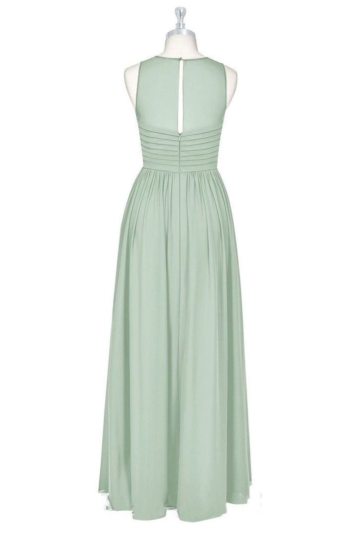 Sage Green Sheer Crew Neck Long Bridesmaid Dress