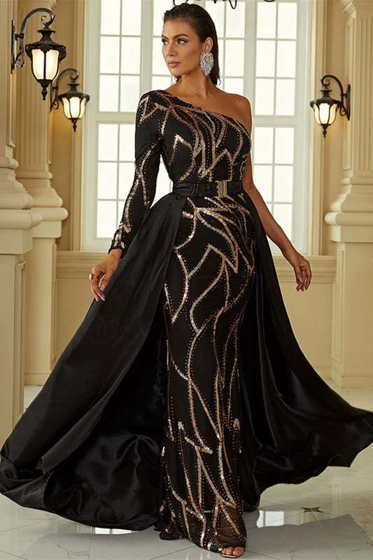Black One-Sleeve Long Formal Dress with Attached Train