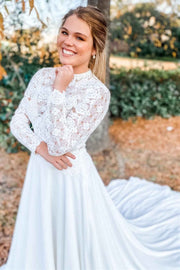 White Lace High Collar Long Sleeve Long Wedding Dress