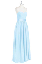 Light Blue Sweetheart Banded Waist A-Line Long Bridesmaid Dress