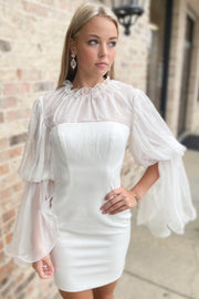 White High-Collar Long Sleeve Short Bride Gown