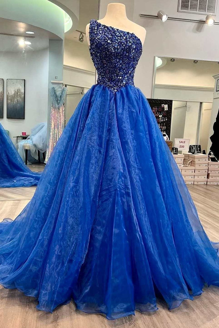 Lovely Blue Beaded One-Shoulder A-Line Gown