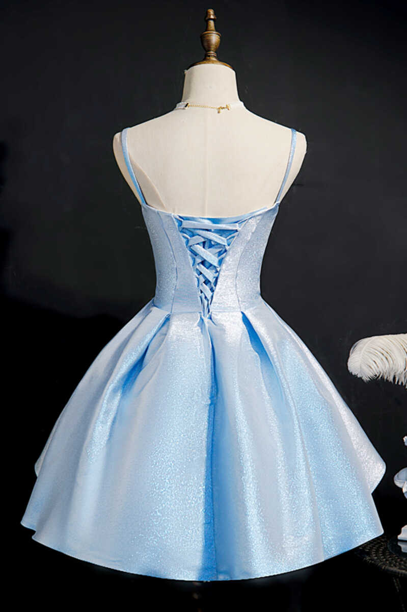 Glitter Blue Straps Lace-Up Short Party Dress