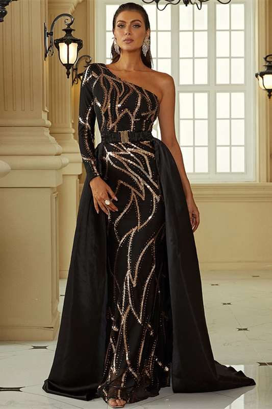 Black One-Sleeve Long Formal Dress with Attached Train Modsele Black One-Sleeve Long Formal Dress with Attached Train Modsele