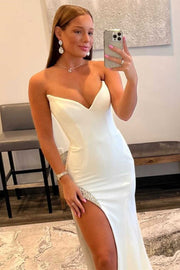 White Strapless Mermaid Long Prom Dress with Bead Trimmed Slit