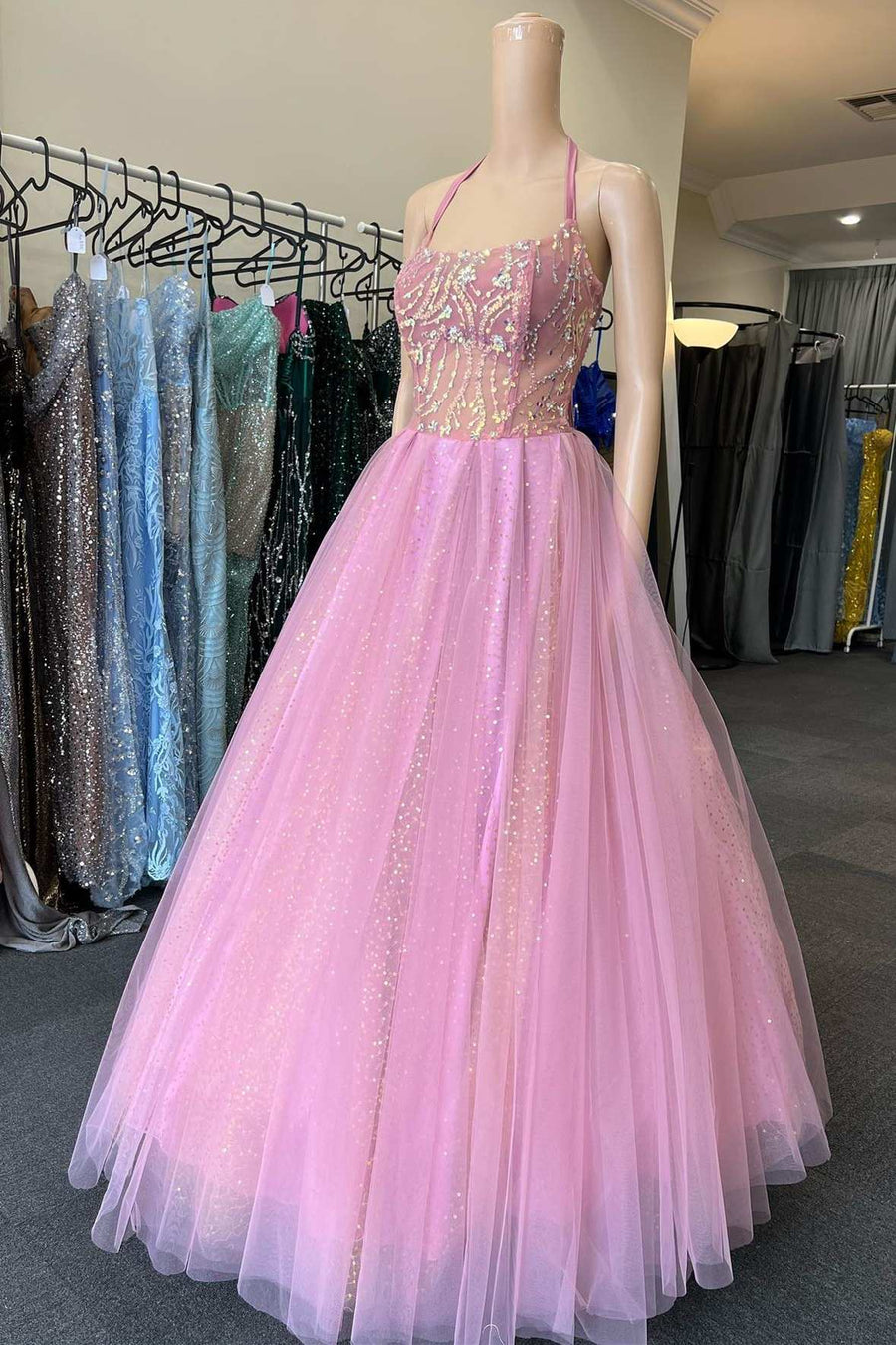 Fairy-Tale Pink Halter A-Line Prom Gown