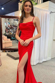 Red Cowl Neck Cutout Back Ruching Long Formal Dress with Slit