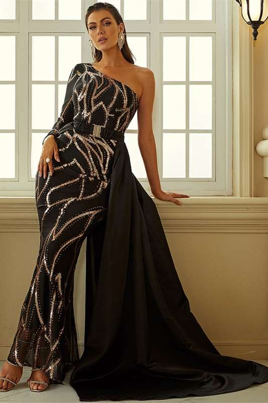 Black One-Sleeve Long Formal Dress with Attached Train