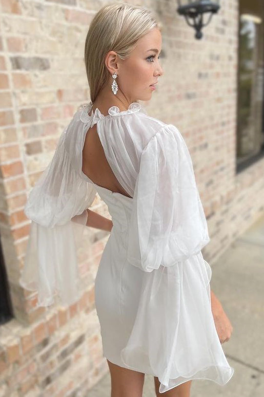 White High-Collar Long Sleeve Short Bride Gown
