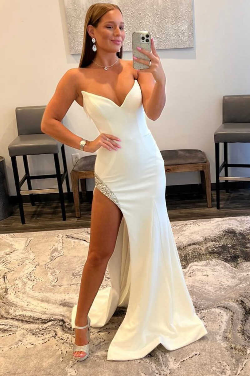 White Strapless Mermaid Long Prom Dress with Bead Trimmed Slit Modsele White Strapless Mermaid Long Prom Dress with Bead Trimmed Slit Modsele