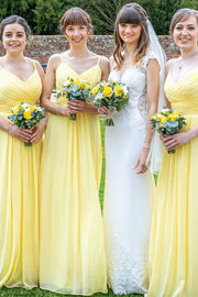 Yellow Chiffon Spaghetti Straps A-Line Long Bridesmaid Dress