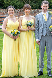 Yellow Chiffon Spaghetti Straps A-Line Long Bridesmaid Dress