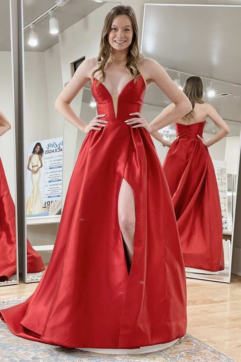 Red Satin V-Neck Strapless A-Line Prom Dress