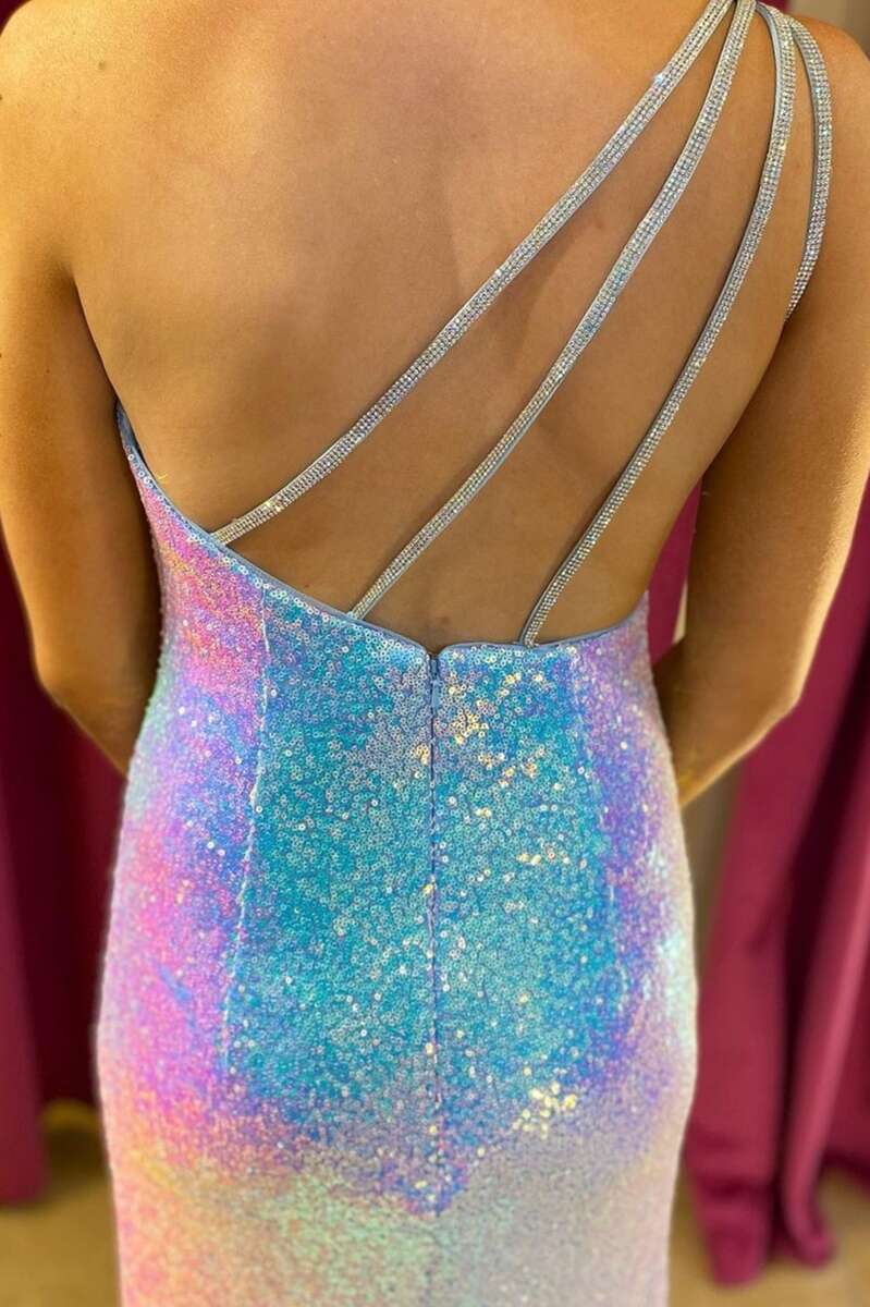Iridescent Sequin One-Shoulder Backless Long Formal Dress