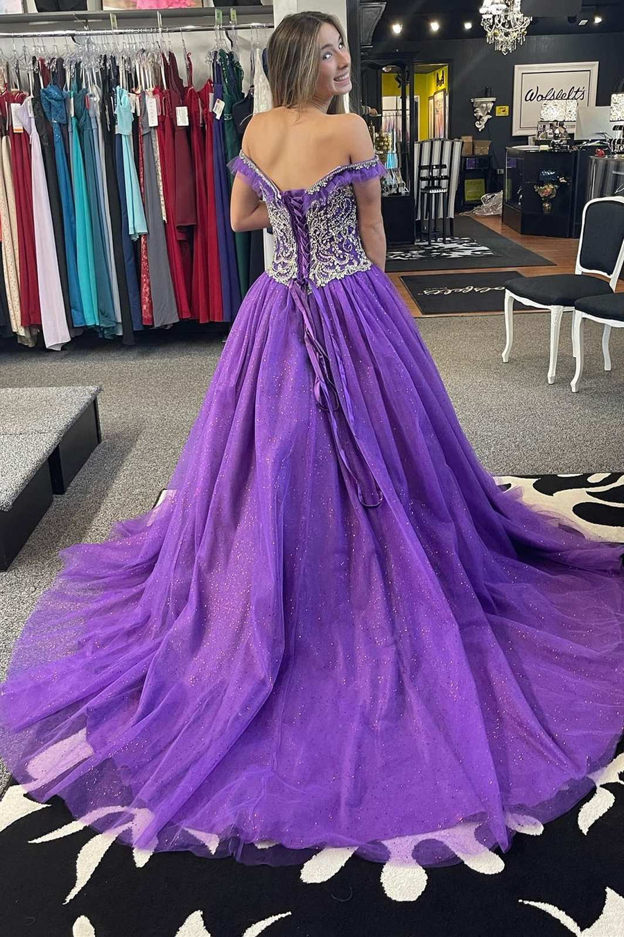 Princess Purple Beaded Off-the-Shoulder Ball Gown Modsele Princess Purple Beaded Off-the-Shoulder Ball Gown Modsele