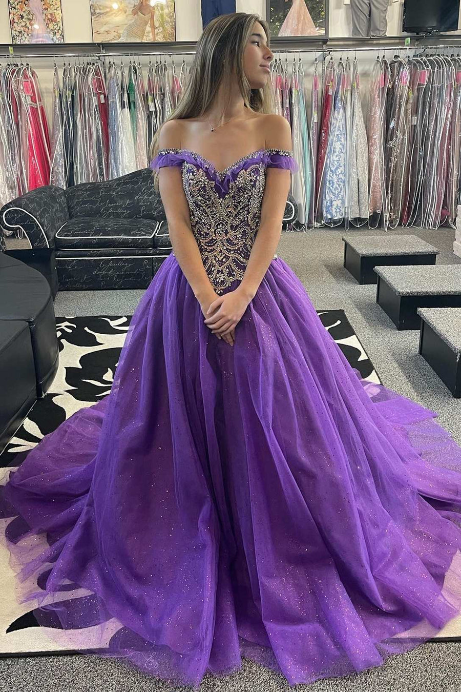 Princess Purple Beaded Off-the-Shoulder Ball Gown