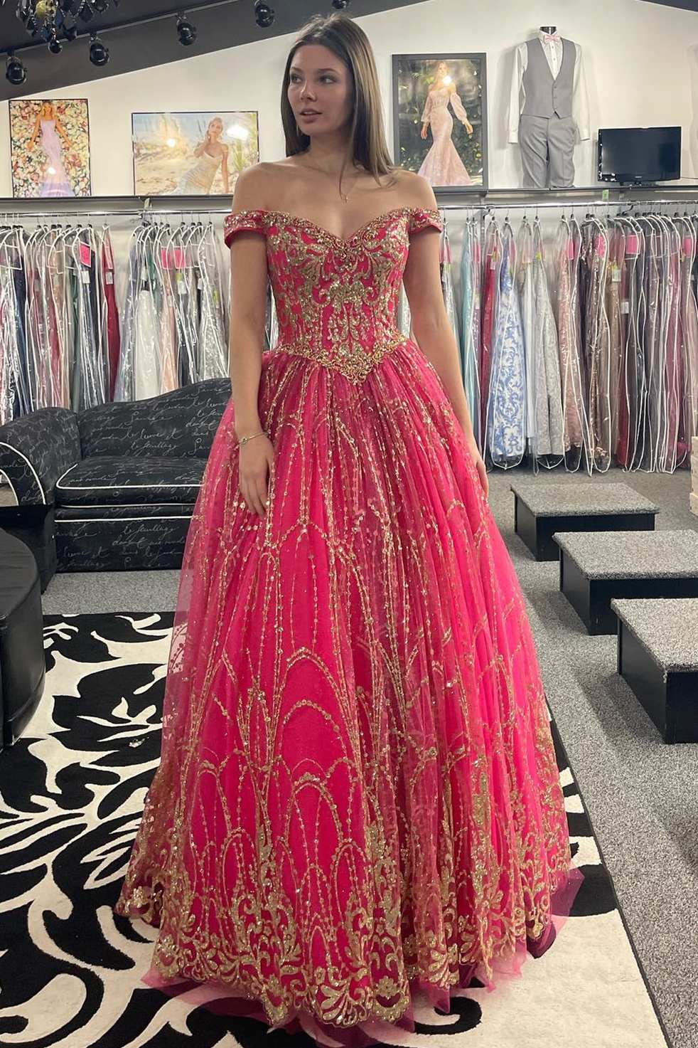 Princess Off-the-Shoulder Red Sequin Lace Ball Gown