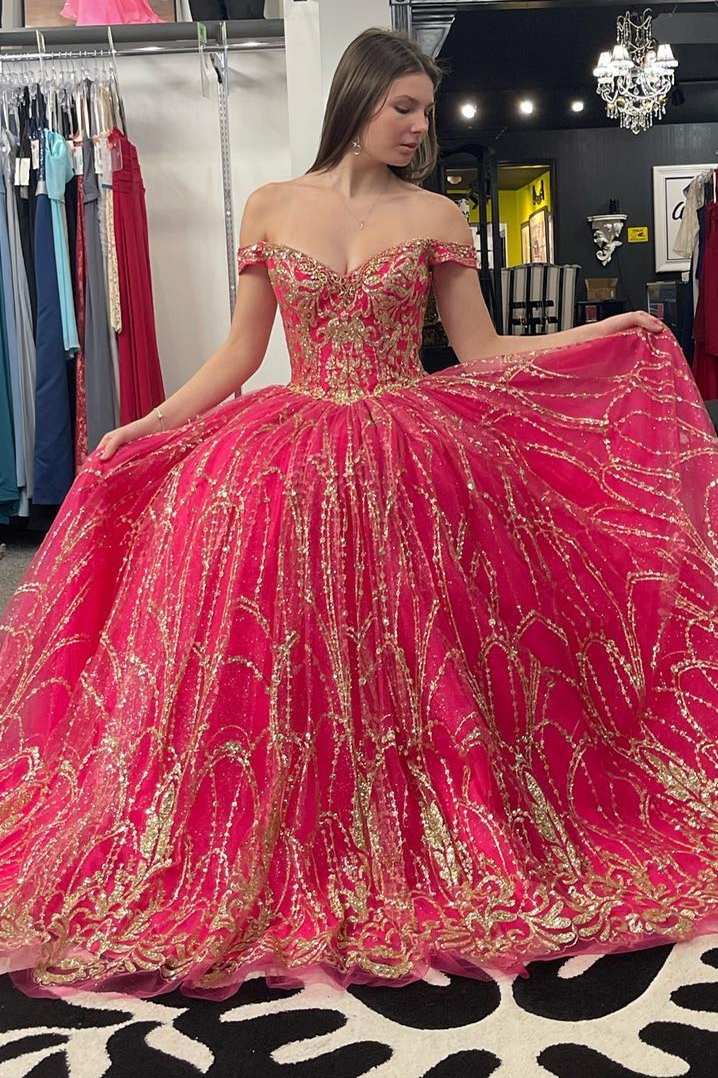 Princess Off-the-Shoulder Red Sequin Lace Ball Gown Modsele Princess Off-the-Shoulder Red Sequin Lace Ball Gown Modsele