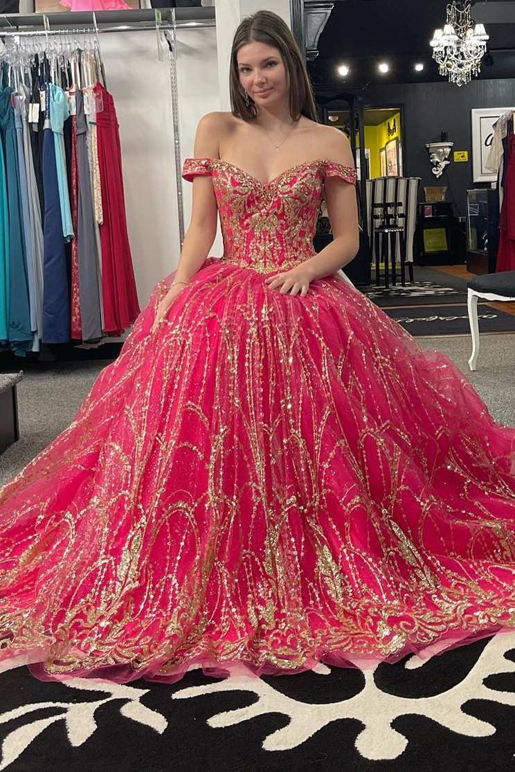 Princess Off-the-Shoulder Red Sequin Lace Ball Gown – Modsele