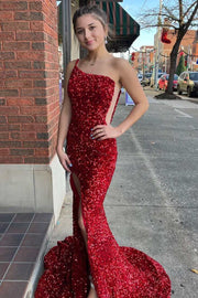 One-Shoulder Red Sequin Mermaid Long Prom Gown with Slit