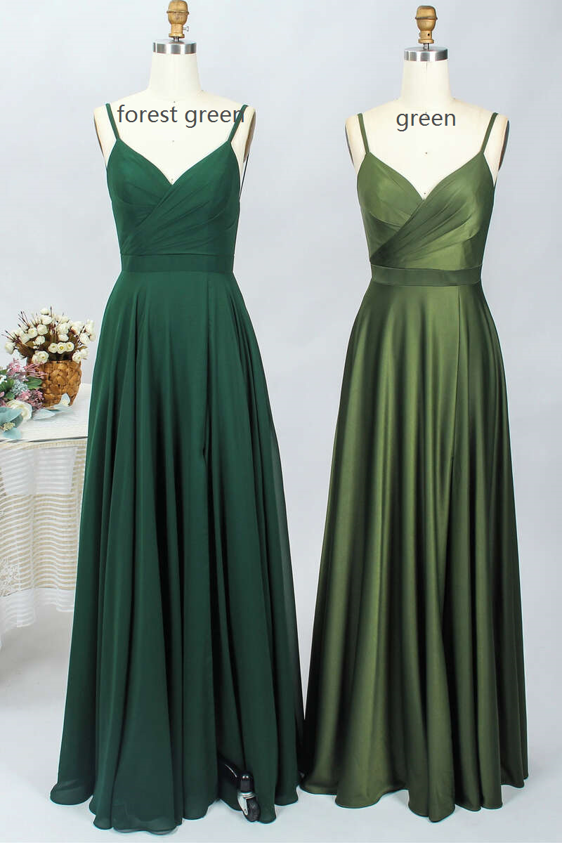Forest Green Spaghetti Straps Long Bridesmaid Dress