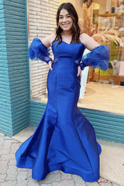 Trumpet Royal Blue Strapless Long Prom Gown with Puff Sleeves