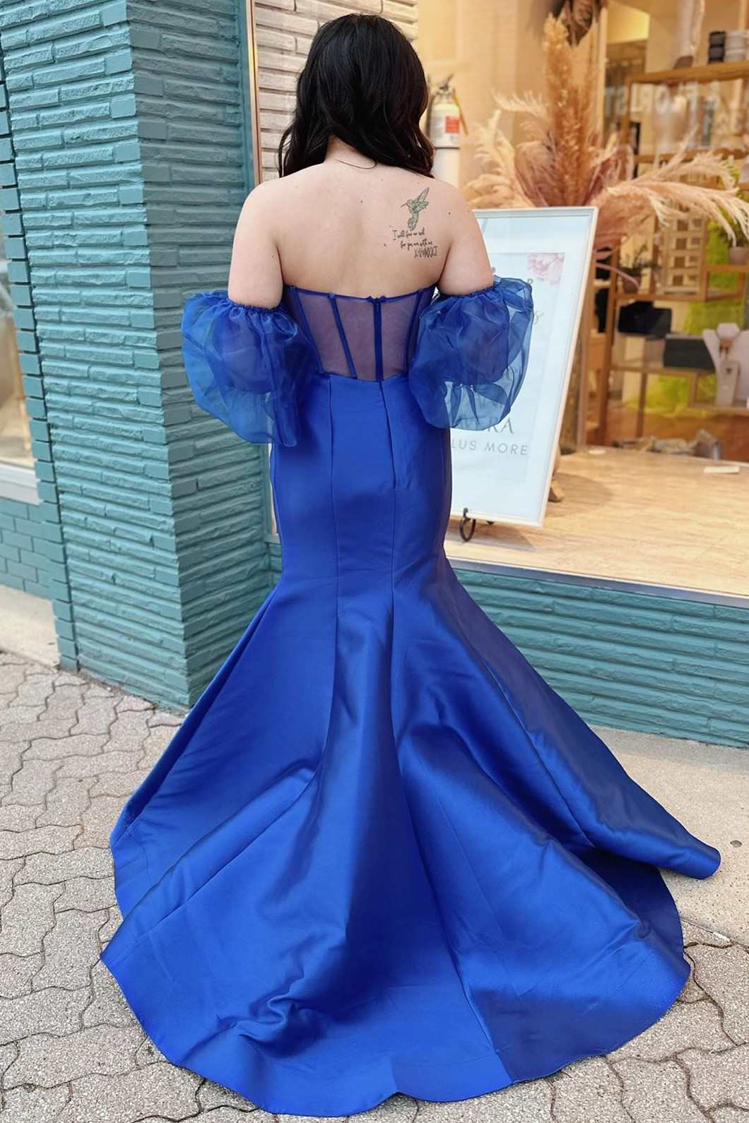 Trumpet Royal Blue Strapless Long Prom Gown with Puff Sleeves