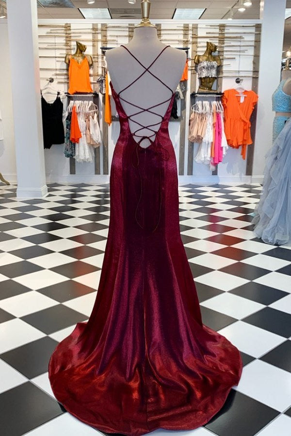 Burgundy Satin Lace-Up Mermaid High Side Slit Dress