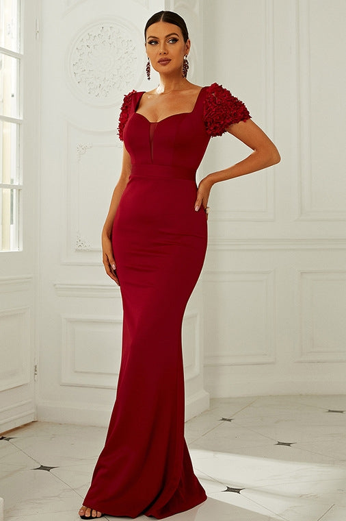 Wine Red Queen Anne Puff Sleeve Long Formal Dress